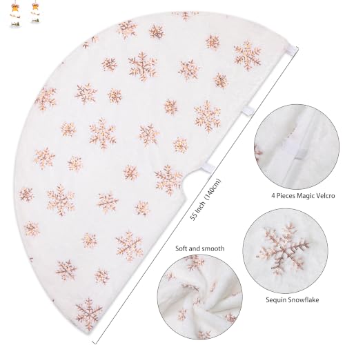 55 Inch Rose Gold Snowflake Faux Fur Christmas Tree Skirt with Fasteners
