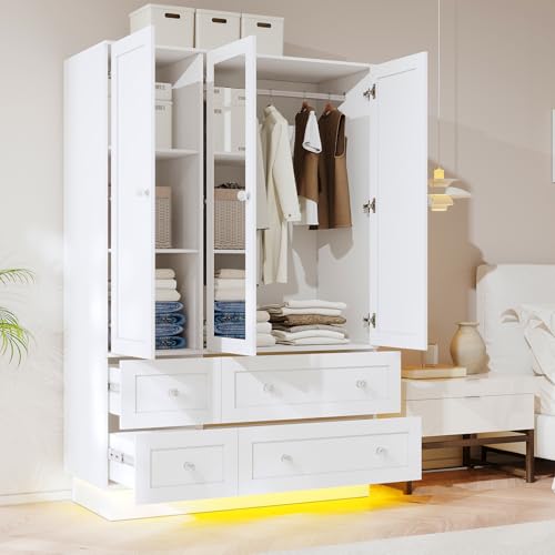 3-Door Bedroom Wardrobe Closet with Mirror, LED Lights and 4 Drawers, White