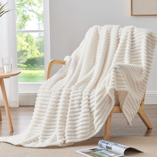 BEDELITE Ribbed Fleece Throw Blanket Cream 50"x60" Cozy Soft