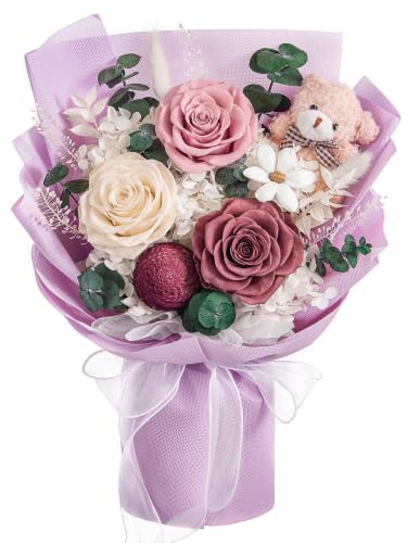 Preserved Rose and Hydrangea Bouquet with Bear - Long-Lasting Floral Gift