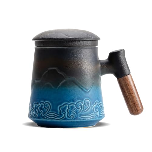 ZENS Blue 15.2oz Tea Cup with Infuser & Lid, Hand-Sprayed Gradient Ceramic