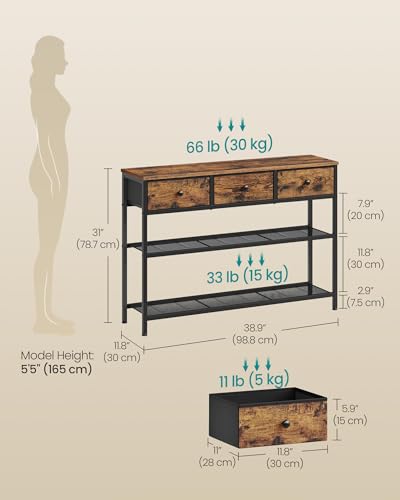 Rustic Narrow Console Table with 3 Fabric Drawers and 2 Mesh Shelves