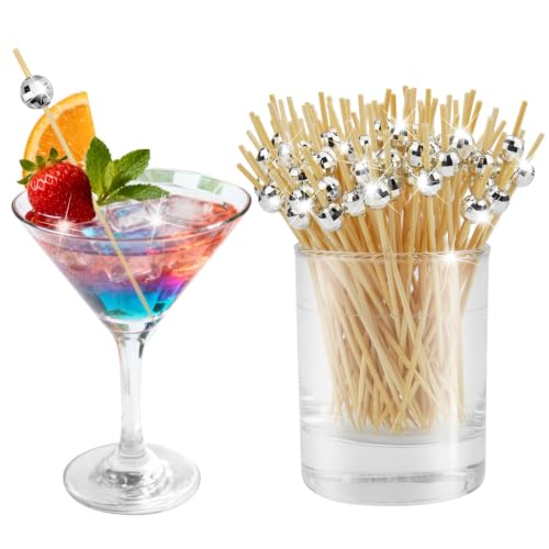 DecorWoo 4.7 Inch Silver Mini Disco Ball Cocktail Picks - 100 Count Party Food & Drink Garnishes