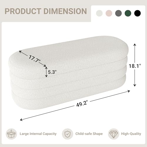 49-Inch Upholstered Oval Storage Ottoman Bench - Ivory Fabric