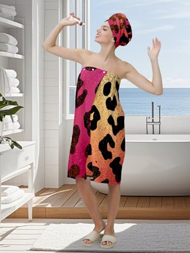 Women's Leopard Print Microfiber Bath Towel Wrap & Hair Turban Set