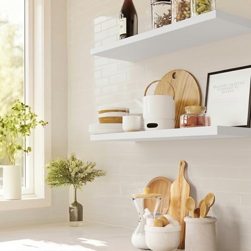 24-Inch Floating Wall Shelves - Matte Black Wood Storage Set of 2