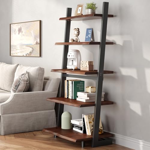 5-Tier Solid Wood Ladder Bookshelf, Rustic Walnut Leaning Storage Shelf