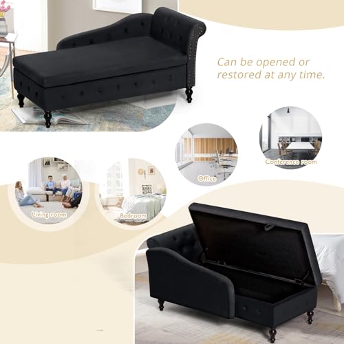 Velvet Chaise Lounge with Storage and Right Armrest, Black Tufted Sofa