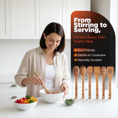 Dark Bamboo Wooden Cooking Spoons & Spatula Set, 6-Piece Nonstick Utensil Set