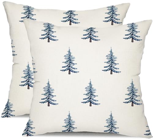 Christmas Pillow Covers 18x18 Inch Set of 2 Winter Blue Tree Decorative Throw Pillow Cases