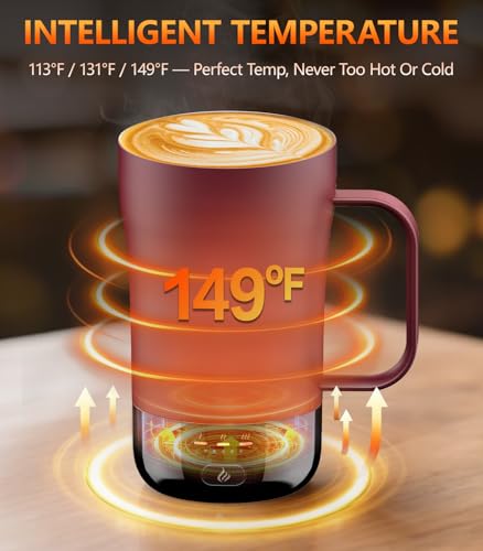 PUSEE Burgundy Self-Heating Coffee Mug 14oz - Rechargeable Smart Temperature Control