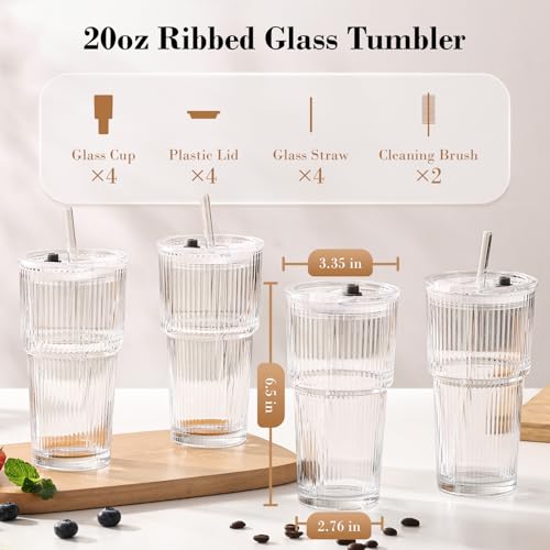 20oz Ribbed Glass Iced Coffee Cups with Lids and Glass Straws - 4 Pack