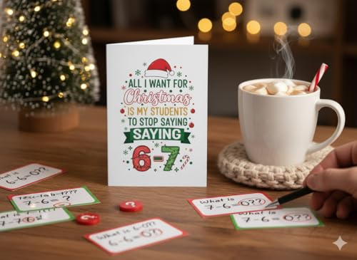 All I Want For Christmas Is My Students To Stop Saying 6-7 Teacher Card - Funny Holiday Meme Greeting Card with Kraft Envelope