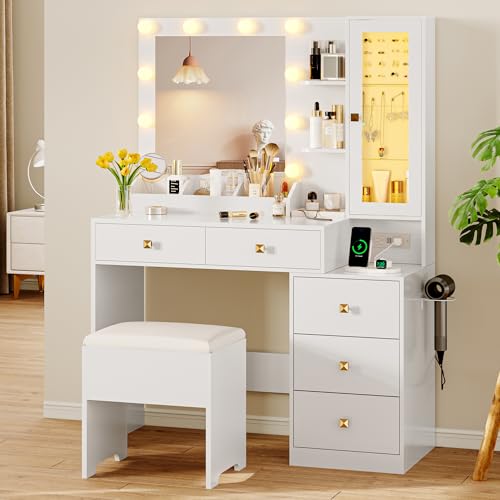 Makeup Vanity Desk with Lighted Mirror, 5 Drawers, RGB Cabinet & Stool