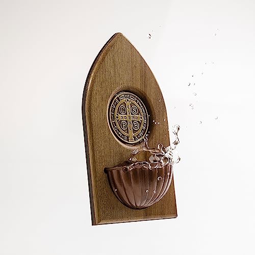 Solid Walnut Holy Water Font with St Benedict Icon - Handmade Wall Decor