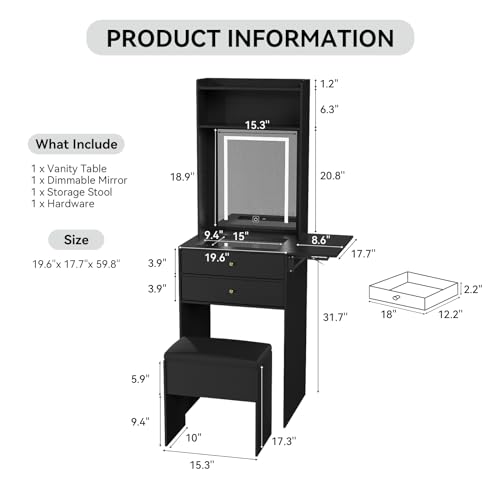 Small Vanity Desk with LED Mirror, Storage Stool & Foldable Side Panel