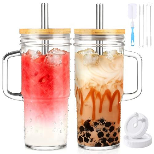 24oz Glass Tumbler with Handle, Bamboo Lid and Stainless Steel Straw