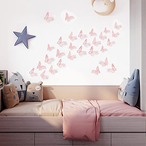 72-Piece 3D Butterfly Wall Stickers - Pink Metallic Paper Decals