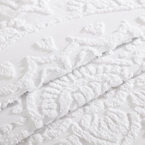 Queen Lotus Medallion Chenille Bedspread - 100% Cotton, White