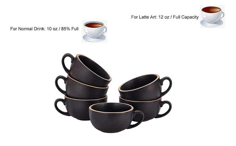 Coffeezone Vintage Black Ceramic Latte Cups Set of 6 12 oz for Barista Coffee Art