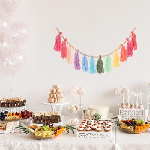 Colorful Tassel Garland with Wood Beads - 43-inch Boho Wall Hanging Decor