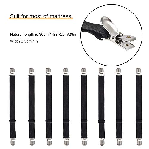 Adjustable Elastic Bed Sheet Straps & Fastener Clips, 8-Pack (Black)