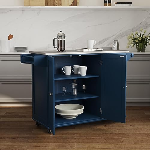Mobile Kitchen Island Cart with Stainless Steel Top & Storage, Blue