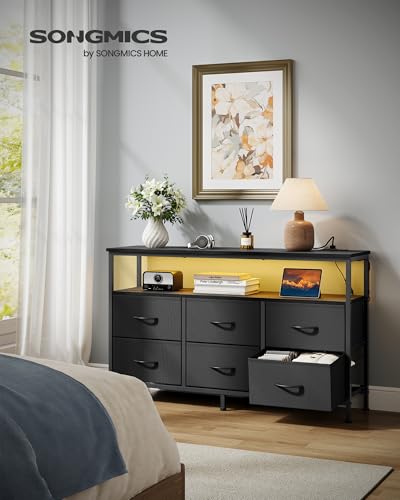 6-Drawer Dresser with Charging Station & LED Lights, Modern TV Stand
