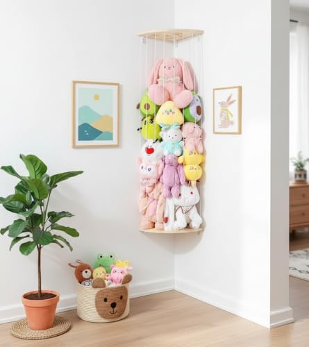 Wooden Stuffed Animal Corner Storage Organizer, Adjustable Wall Mount