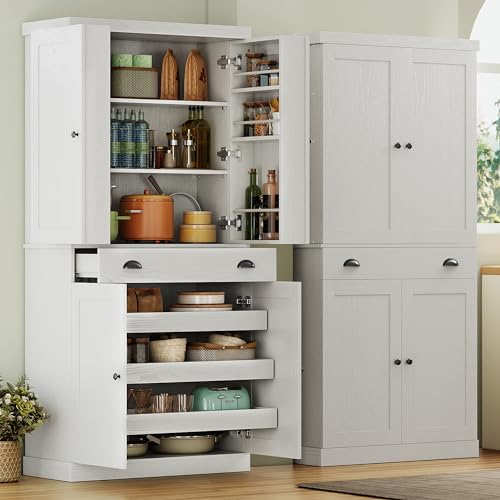 72" Tall Kitchen Pantry Cabinet with Sliding Racks and Drawer, White