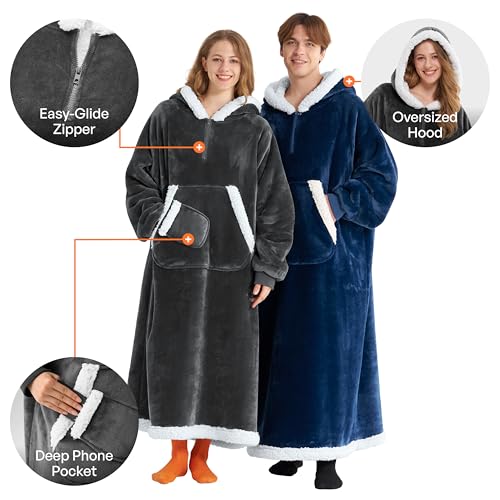 Sherpa Fleece Wearable Blanket Hoodie with Pockets - Cozy Dark Grey
