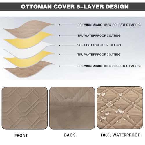 Waterproof Square Ottoman Cover - Medium, Light Brown Slipcover