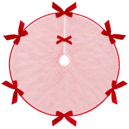 Soulchen 36 Inch Pink Christmas Tree Skirt with Red Velvet Bows