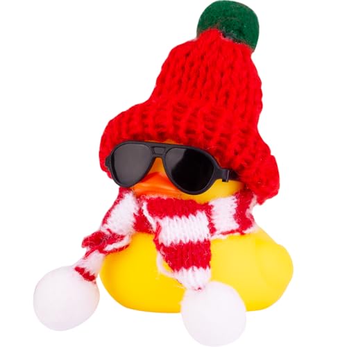 MuMyer Christmas Rubber Duck Car Ornament with Beanie, Sunglasses & Scarf - Black Sunglasses, Red & Red-White Hat, 2 Inches - Holiday Dashboard Decor