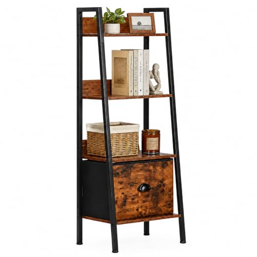 4-Tier Industrial Ladder Bookshelf with Removable Fabric Storage Drawer
