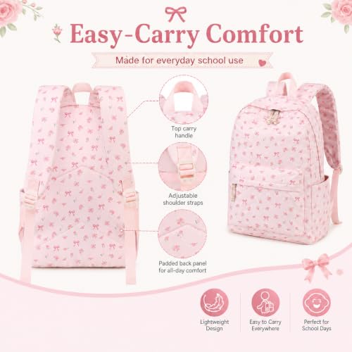 Girls School Backpack Set with Insulated Lunch Box & Pencil Bag - Pink Bow