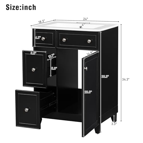 24-Inch Modern Bathroom Vanity Set with Ceramic Sink, 2 Drawers, 1 Door
