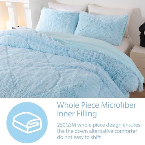 3-Piece Twin Faux Fur Comforter Set - Soft Fluffy Bedding in Light Blue