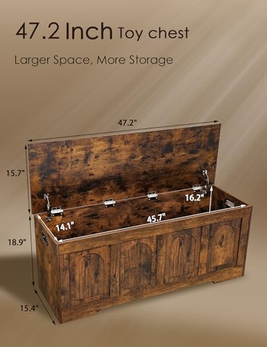 Rustic Wooden Storage Chest with Safety Hinges, 47-Inch Entryway Shoe Bench