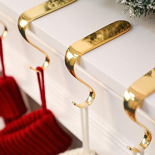 Gold Christmas Stocking Holders for Mantel - Non-Slip Metal Hooks (Set of 4)