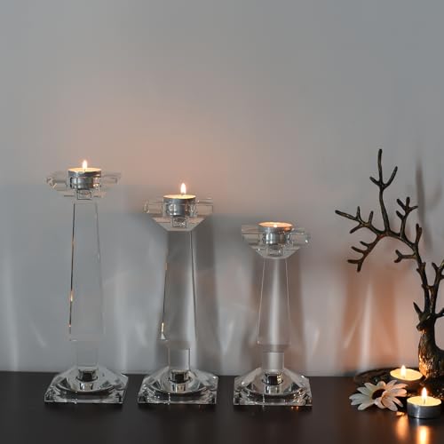 Marvala Crystal Candelabra Set - 3-in-1 Reversible Candle Holders for Taper, Pillar & Tealight Candles - SML Set of 3