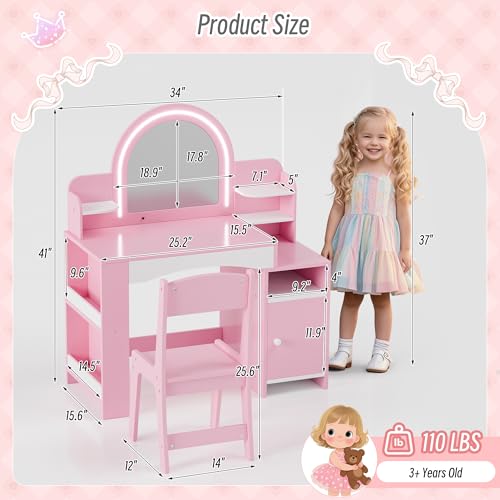 Kids Vanity Table Set with Lighted Mirror, Bookshelf and Stool (Pink)