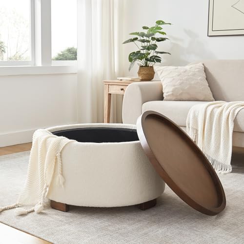 30-Inch Round Boucle Storage Ottoman with Lift-Off Lid - Beige