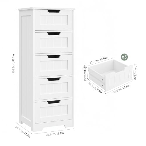 Slim Bathroom Storage Cabinet with 5 Drawers, Tall White Floor Organizer