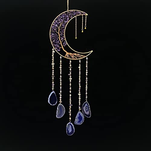 Moon Dream Catcher with Natural Purple Agate Stone and Tree of Life Decor