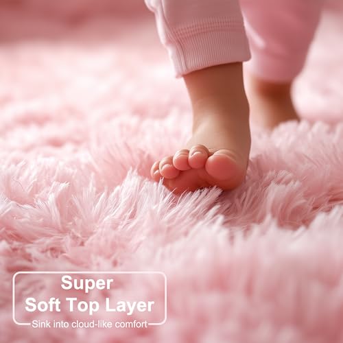 Pink Round Fluffy Area Rug 4ft - Soft Non-Slip Plush Shag Nursery Carpet
