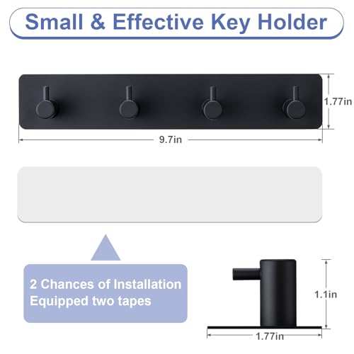 Wall-Mounted Key Holder with 4 Hooks - Adhesive Metal Key Rack for Entryway