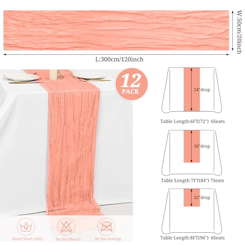 FXKS 12-Pack Coral Cheesecloth Table Runner 20x120 Inch - Elegant Wedding & Event Decor