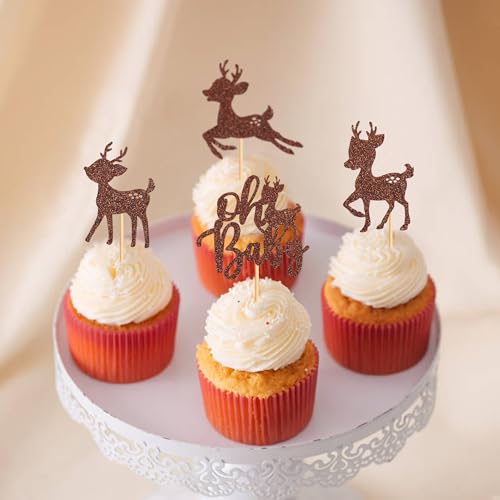 Ercadio 36Pcs Cute Sika Deer Cupcake Toppers Pattern-1 for Woodland Christmas Baby Shower