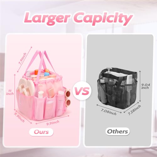Mesh Shower Caddy Portable with Drawstring 8 Pockets Pink